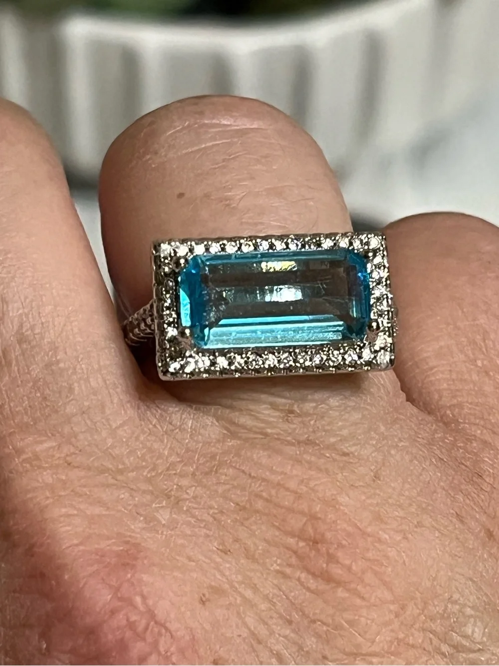 East To West Emerald Cut Aquamarine Ring